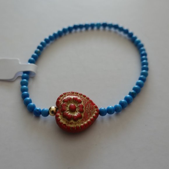 (NWT) Genuine Turquoise & Czech Heart Glass Bead Bracelet (One bracelet) - Picture 2 of 9